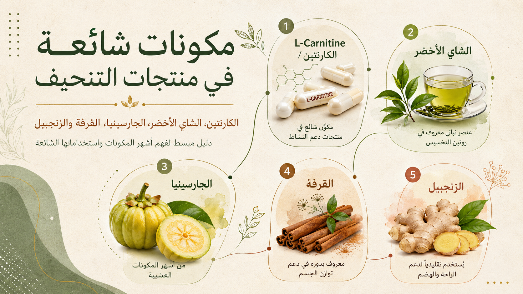مكونات شائعة في منتجات التنحيف: الكارنتين، الشاي الأخضر، الجارسينيا، القرفة والزنجبيل